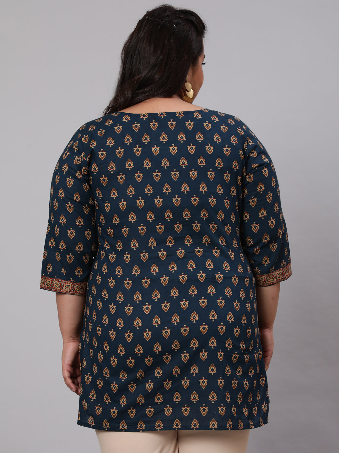 Plus Size Navy Blue Tunic With Three Quarter Sleeves