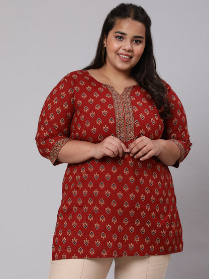 Plus Size Maroon Ethnic Tunic With Three Quarter Sleeves