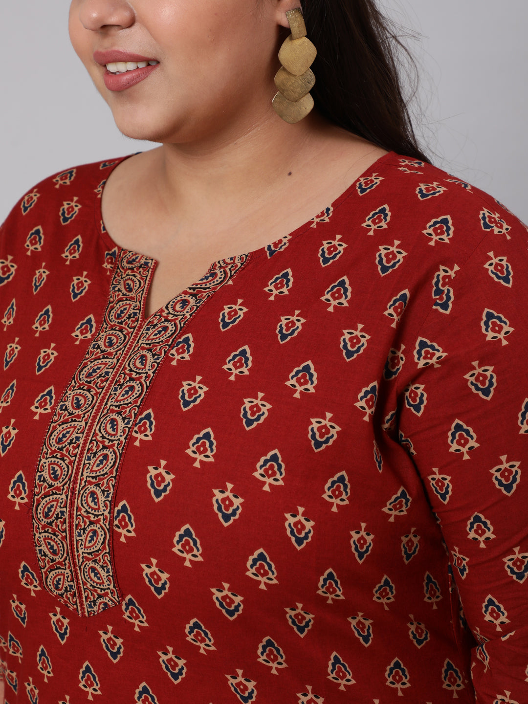 Plus Size Maroon Ethnic Tunic With Three Quarter Sleeves