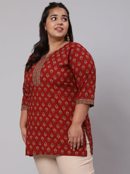 Plus Size Maroon Ethnic Tunic With Three Quarter Sleeves