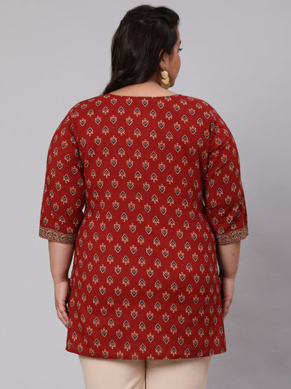 Plus Size Maroon Ethnic Tunic With Three Quarter Sleeves