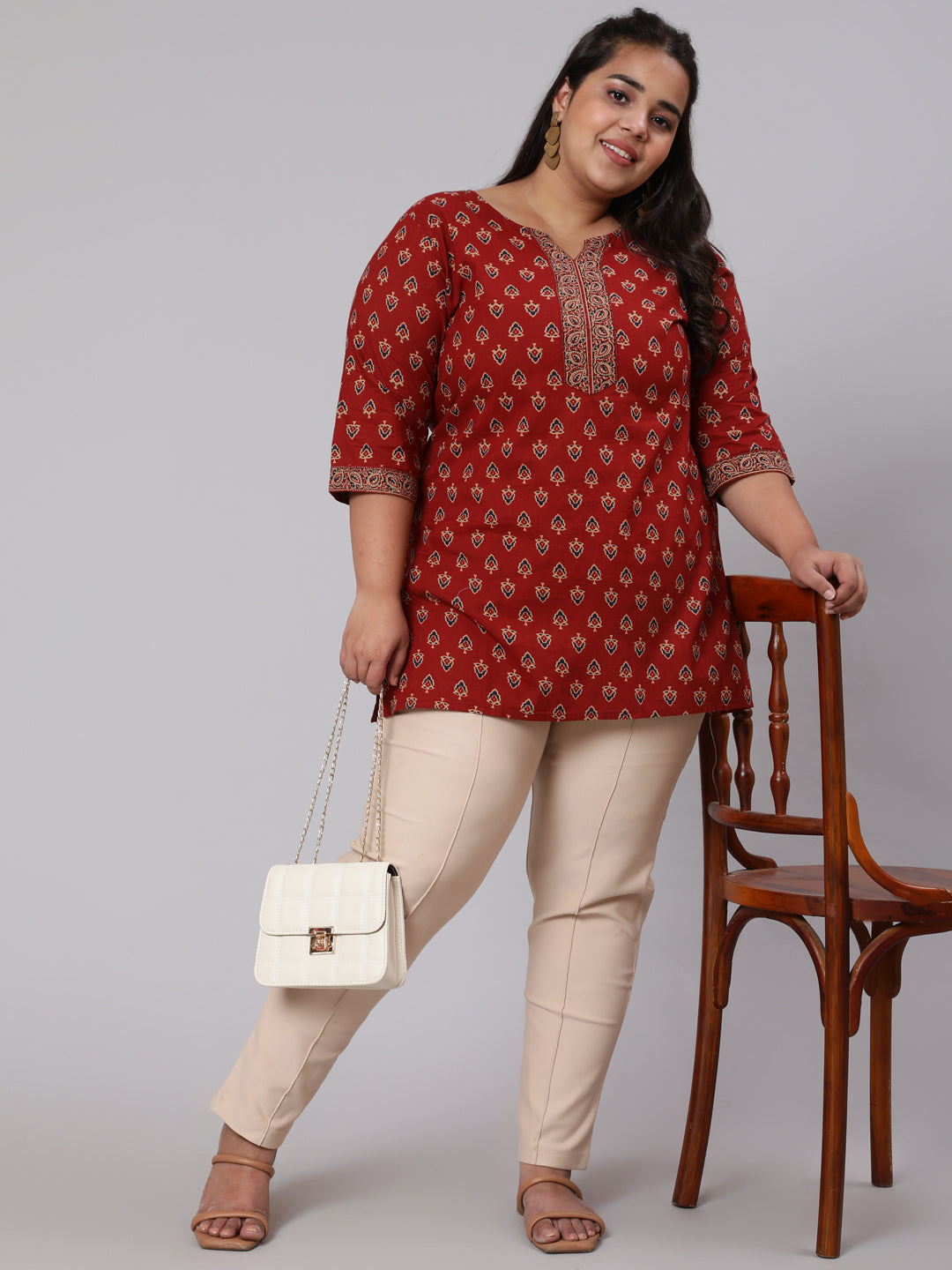 Plus Size Maroon Ethnic Tunic With Three Quarter Sleeves