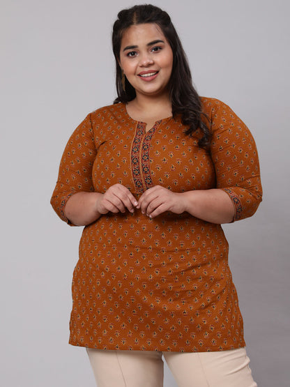 Plus Size Mustard Ethnic Tunic With Three Quarter Sleeves