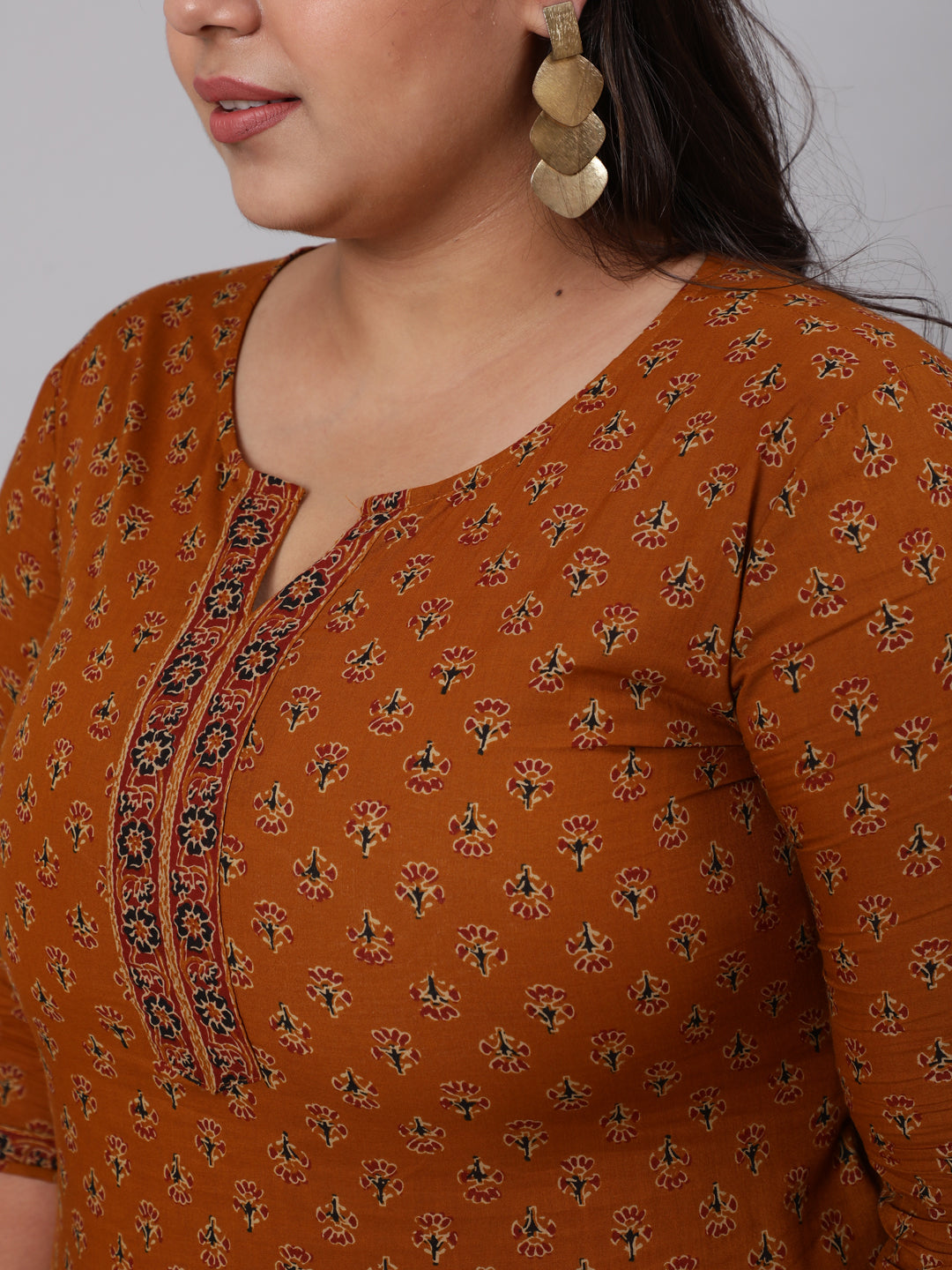 Plus Size Mustard Ethnic Tunic With Three Quarter Sleeves