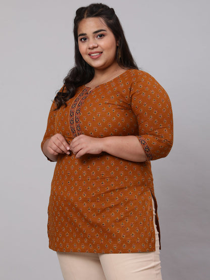 Plus Size Mustard Ethnic Tunic With Three Quarter Sleeves