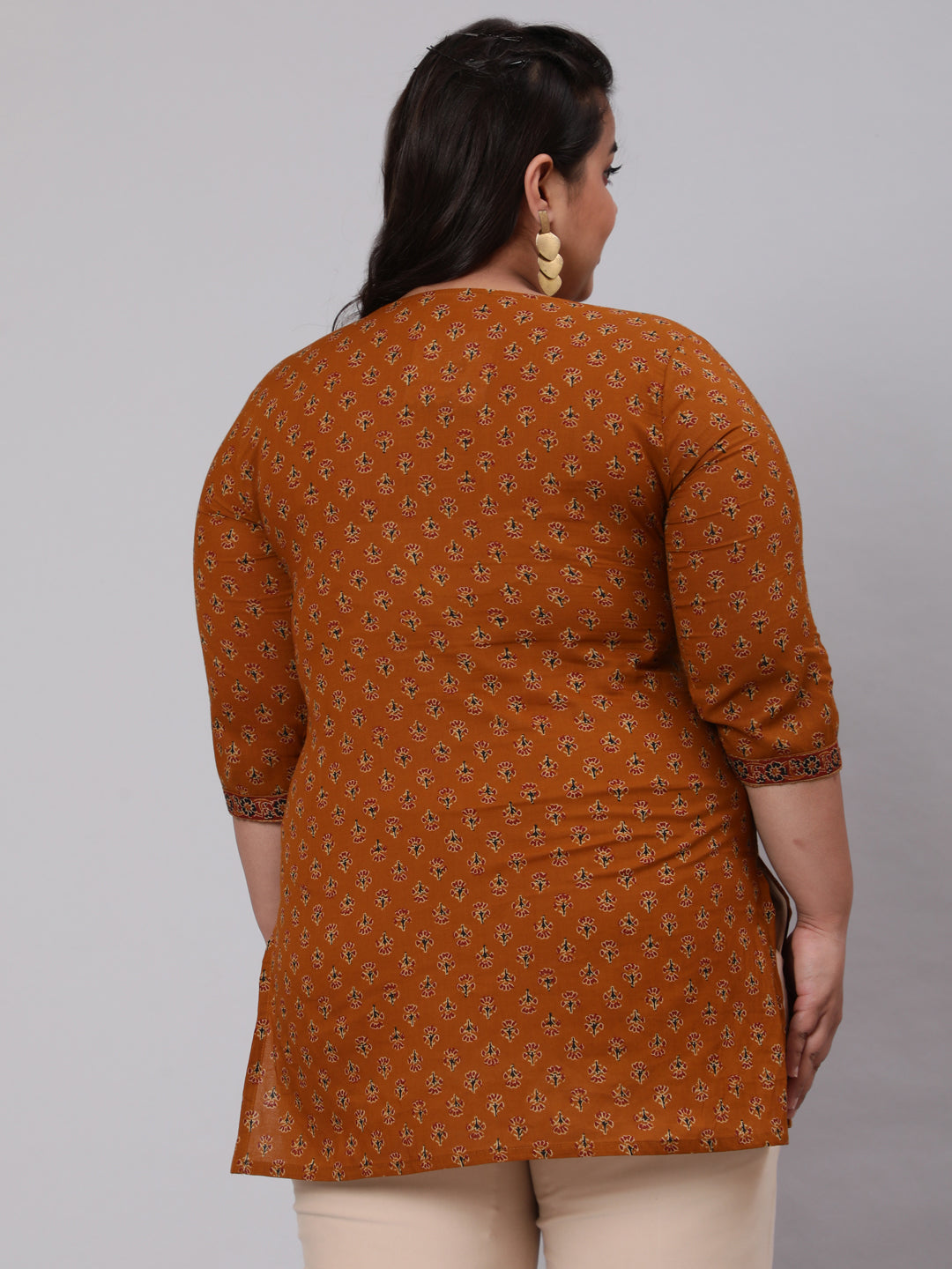 Plus Size Mustard Ethnic Tunic With Three Quarter Sleeves