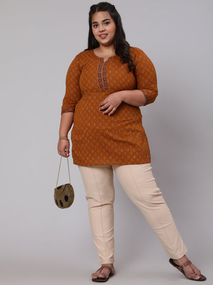 Plus Size Mustard Ethnic Tunic With Three Quarter Sleeves