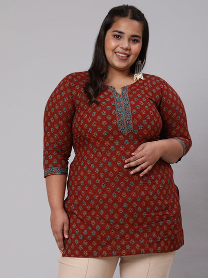 Plus Size Maroon Ethnic Tunic With Three Quarter Sleeves