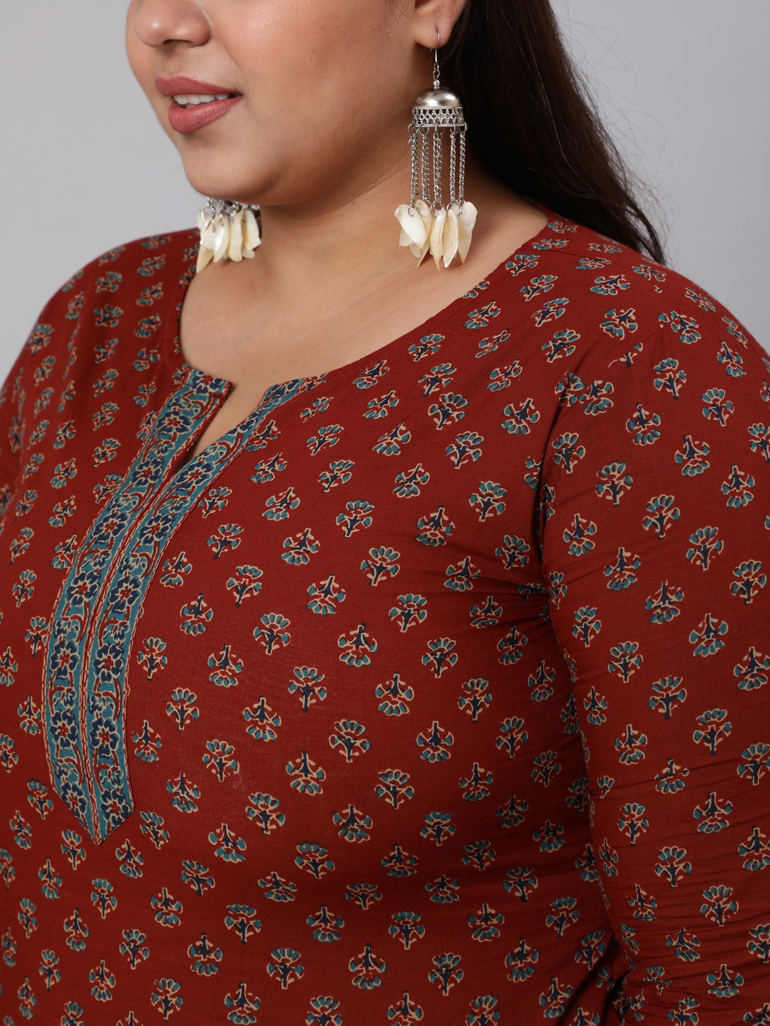 Plus Size Maroon Ethnic Tunic With Three Quarter Sleeves