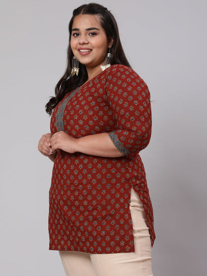 Plus Size Maroon Ethnic Tunic With Three Quarter Sleeves