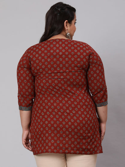 Plus Size Maroon Ethnic Tunic With Three Quarter Sleeves