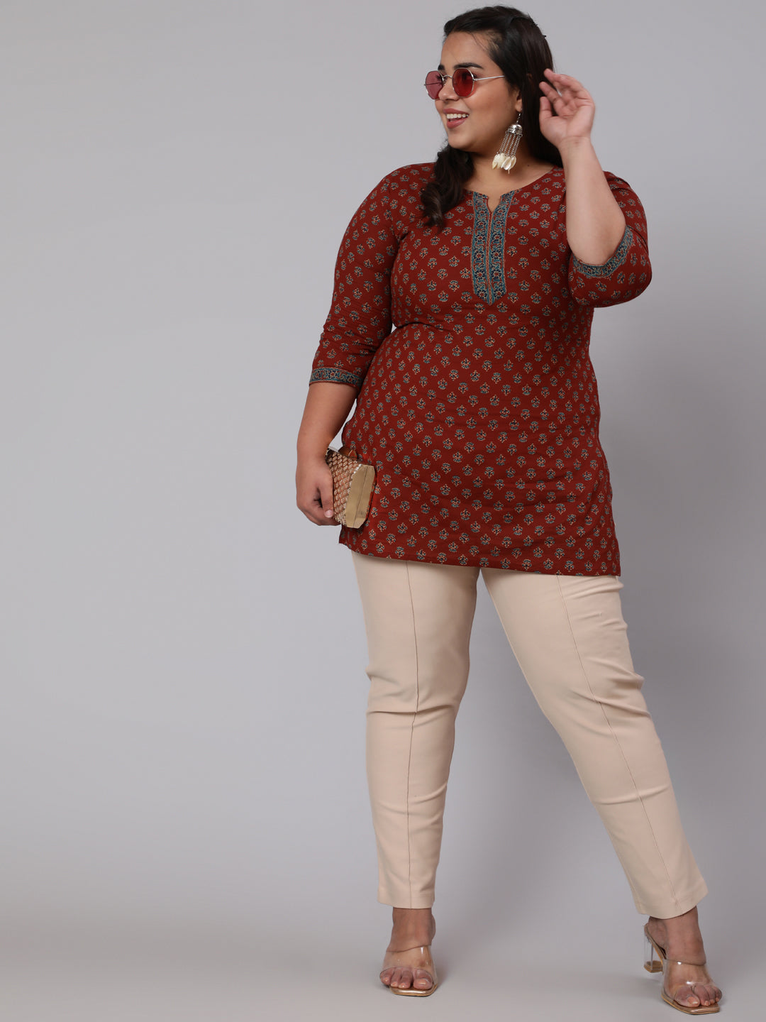 Plus Size Maroon Ethnic Tunic With Three Quarter Sleeves