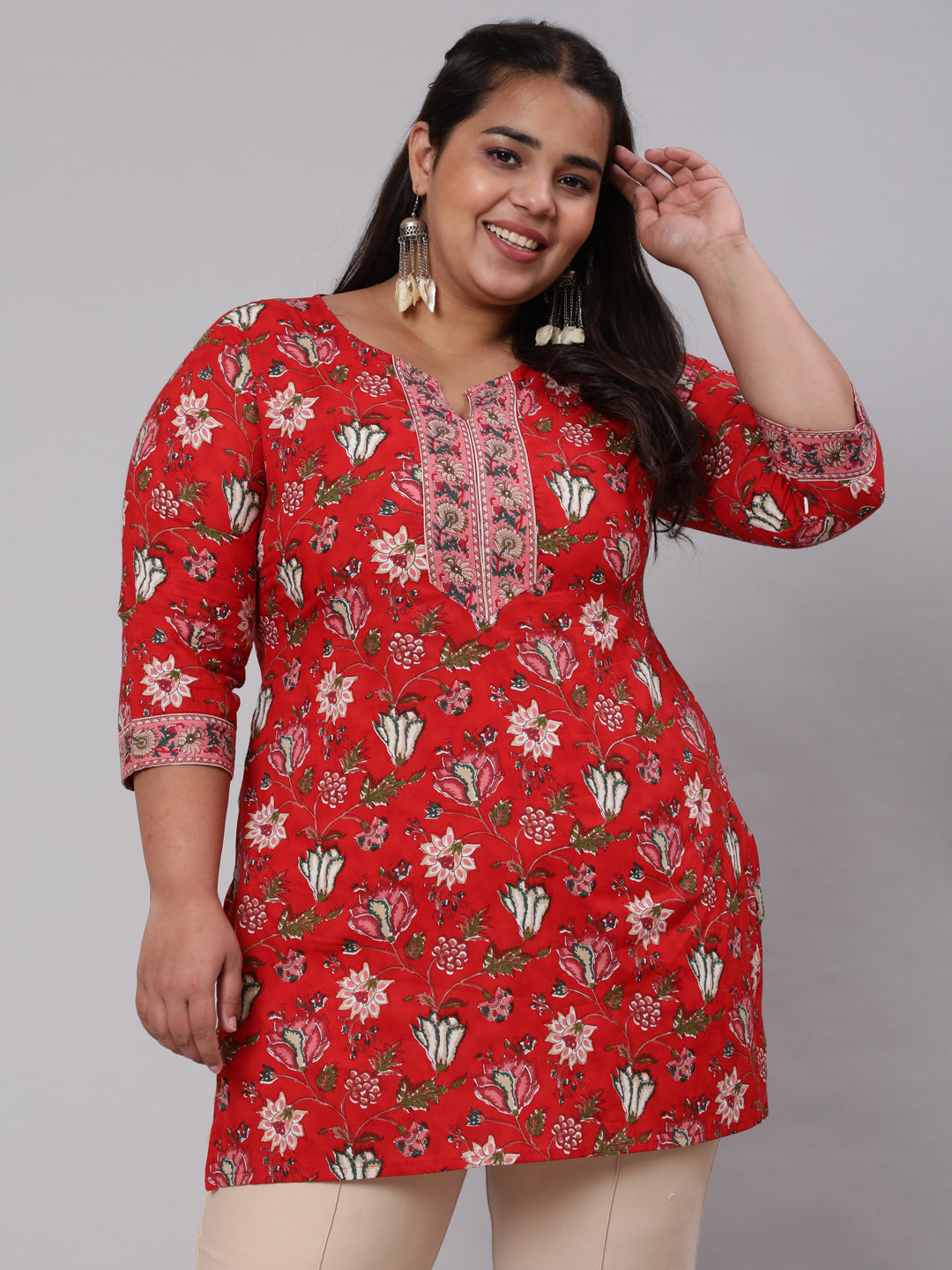 Plus Size Red Ethnic Tunic With Three Quarter Sleeves