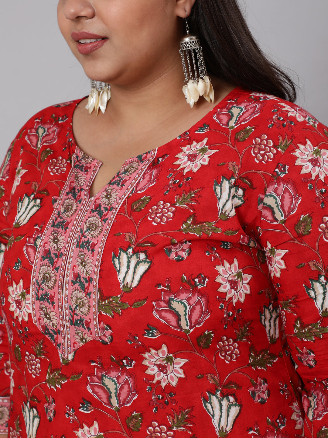 Plus Size Red Ethnic Tunic With Three Quarter Sleeves