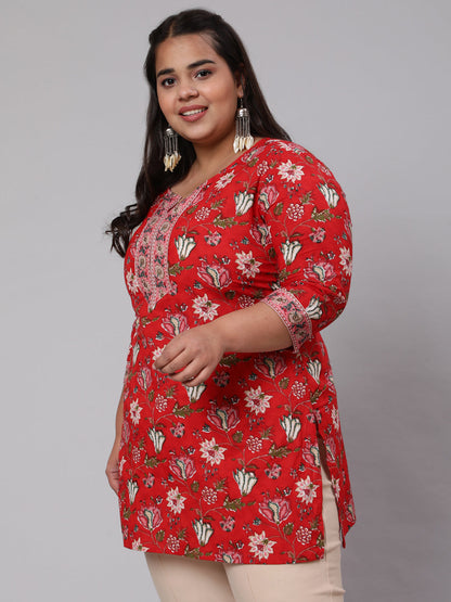 Plus Size Red Ethnic Tunic With Three Quarter Sleeves