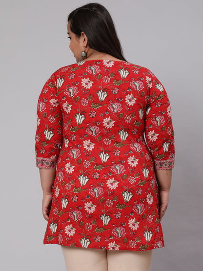 Plus Size Red Ethnic Tunic With Three Quarter Sleeves