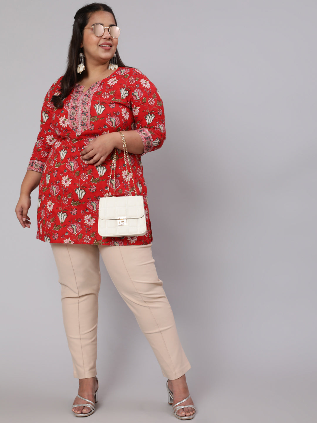 Plus Size Red Ethnic Tunic With Three Quarter Sleeves