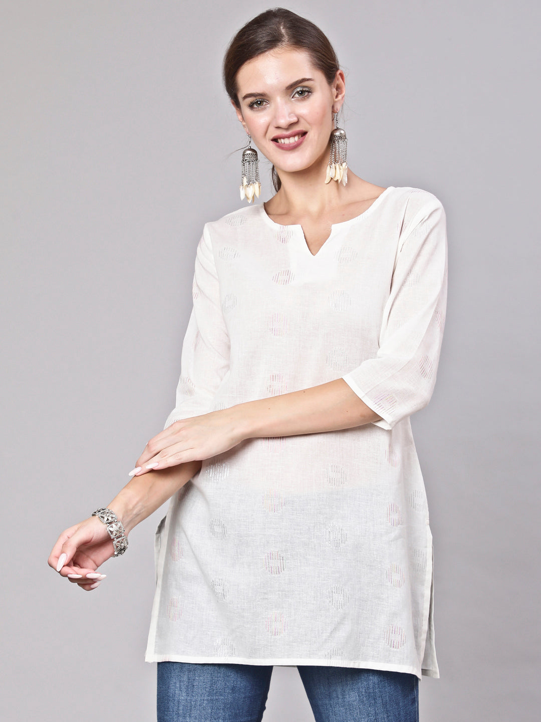 White Printed Straight Tunic With Three Quarter Sleeves