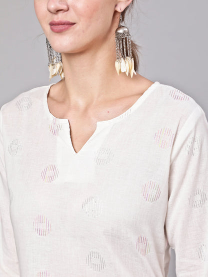 White Printed Straight Tunic With Three Quarter Sleeves