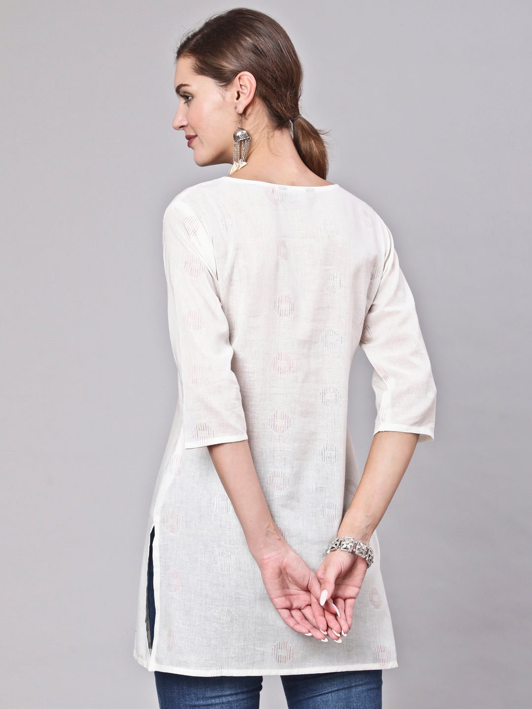 White Printed Straight Tunic With Three Quarter Sleeves