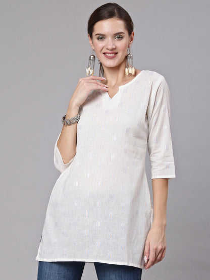 White Printed Straight Tunic With Three Quarter Sleeves