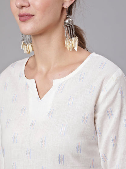 White Printed Straight Tunic With Three Quarter Sleeves