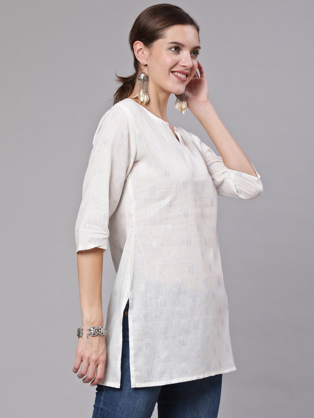 White Printed Straight Tunic With Three Quarter Sleeves