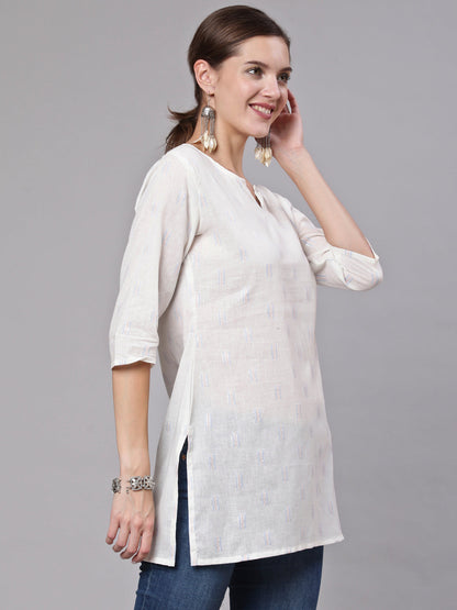 White Printed Straight Tunic With Three Quarter Sleeves