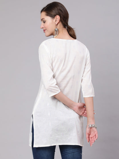 White Printed Straight Tunic With Three Quarter Sleeves