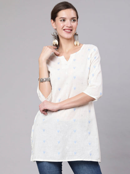 White Printed Straight Tunic With Three Quarter Sleeves