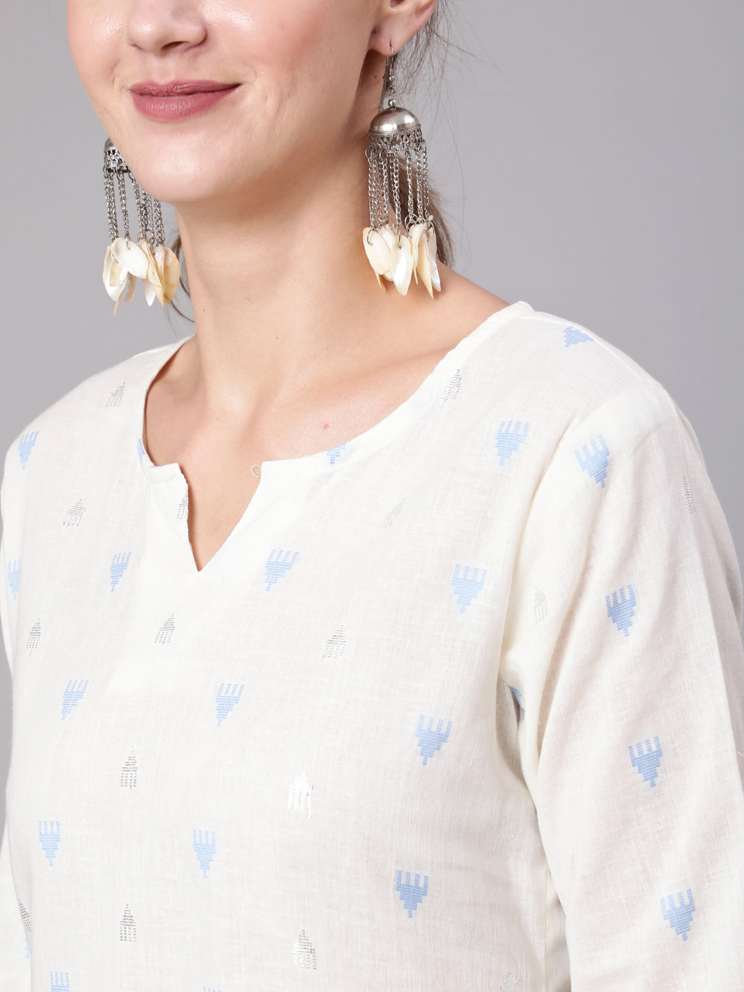 White Printed Straight Tunic With Three Quarter Sleeves