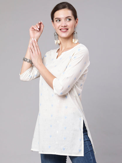 White Printed Straight Tunic With Three Quarter Sleeves