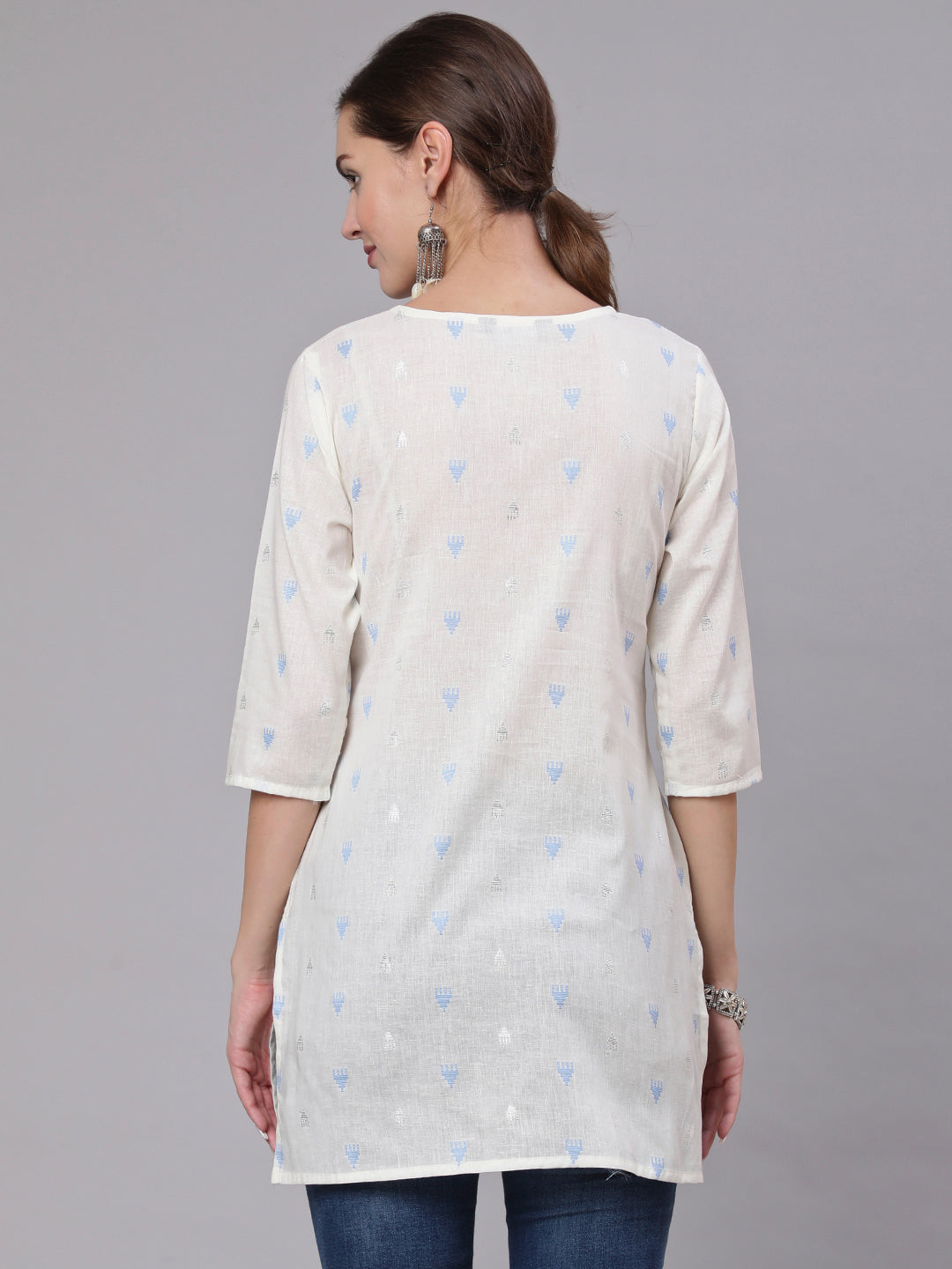 White Printed Straight Tunic With Three Quarter Sleeves