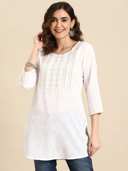 Women Off-White Embroidered Straight Tunic With Three Quarter Sleeves