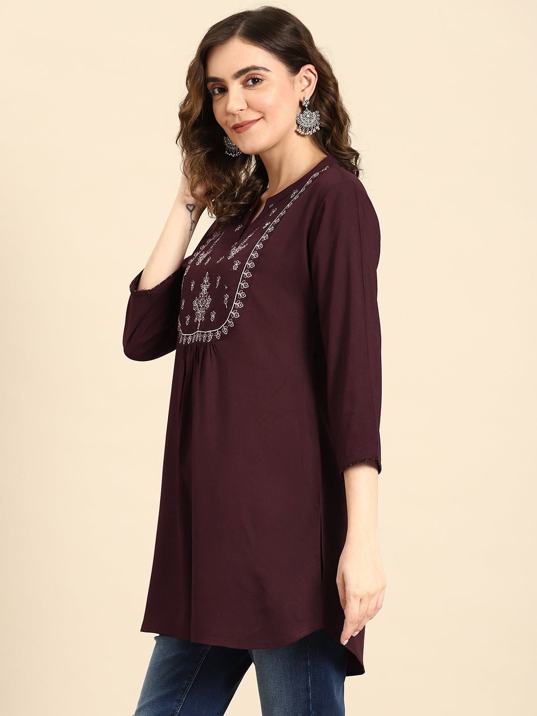 Women Burgundy Embroidered Yoke Straight Tunic With Three Quarter Sleeves