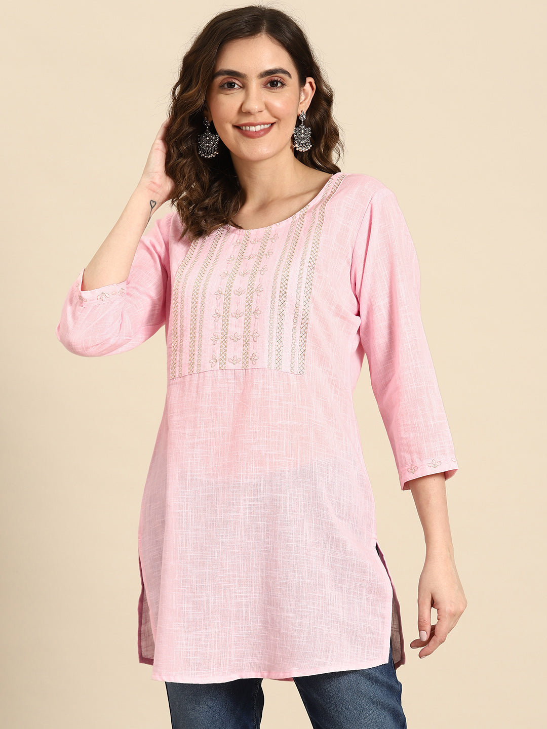 Women Pink Embroidered Yoke Straight Tunic With Three Quarter Sleeves