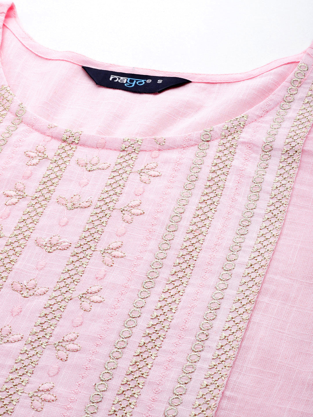 Women Pink Embroidered Yoke Straight Tunic With Three Quarter Sleeves