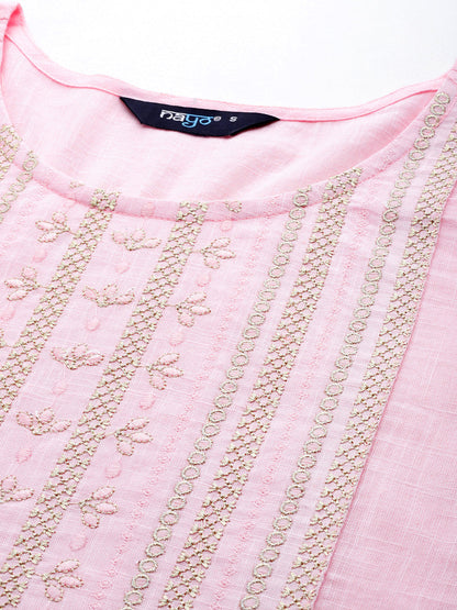 Women Pink Embroidered Yoke Straight Tunic With Three Quarter Sleeves