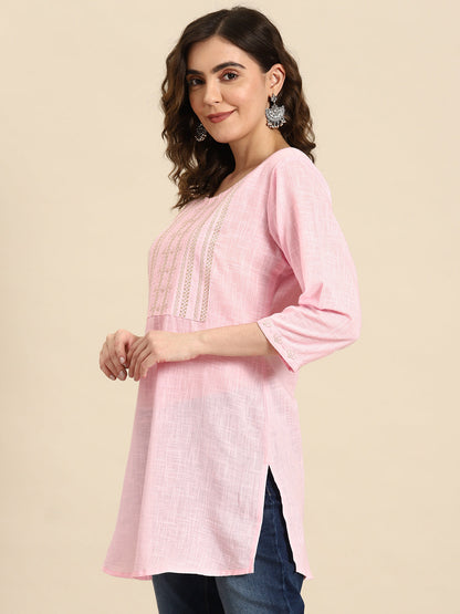 Women Pink Embroidered Yoke Straight Tunic With Three Quarter Sleeves