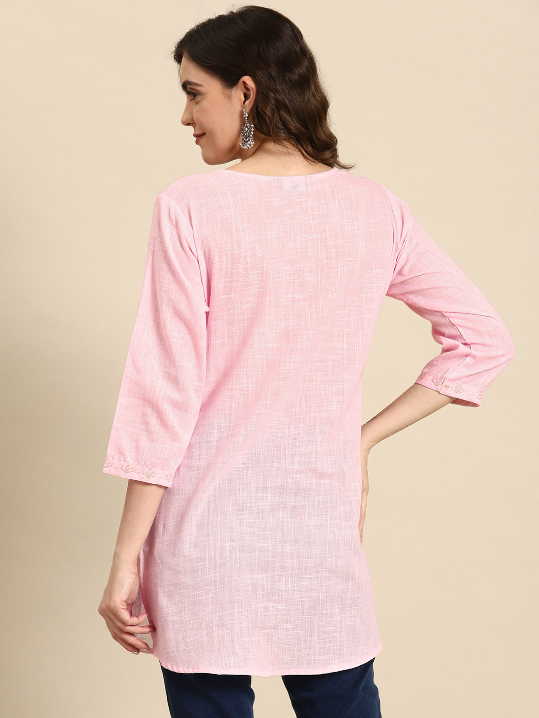 Women Pink Embroidered Yoke Straight Tunic With Three Quarter Sleeves