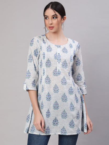 Women Off White Printed Straight Tunic With Three Quarter Sleeves