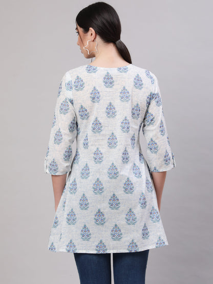 Women Off White Printed Straight Tunic With Three Quarter Sleeves