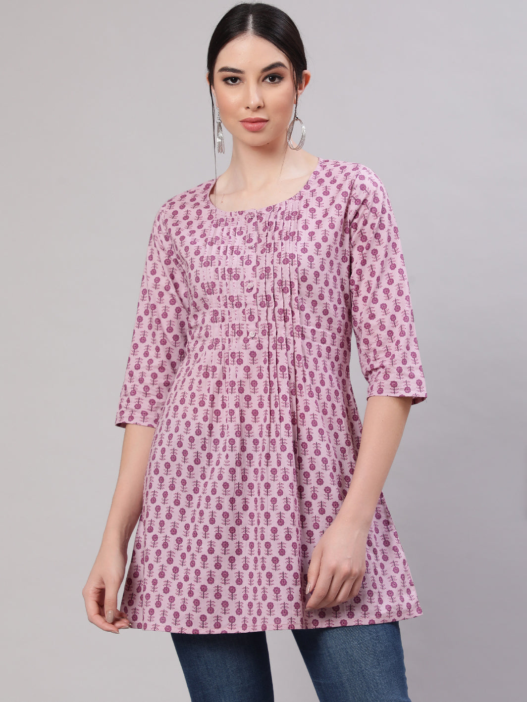 Women Mauve Straight Tunic With Three Quarter Sleeves