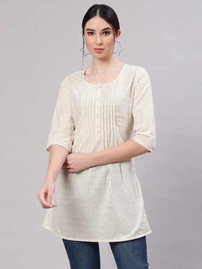 Women Cream Printed Straight Tunic With Three Quarter Sleeves