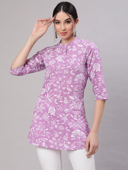 Women Purple Straight Tunic With Three Quarter Sleeves