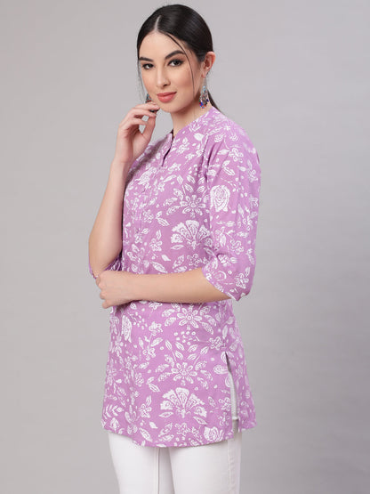 Women Purple Straight Tunic With Three Quarter Sleeves