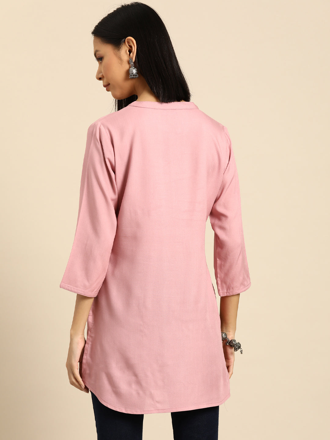 Women Mauve Embroidered Straight Tunic With Three Quarter Sleeves