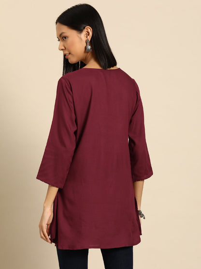 Women Maroon Embroidered Yoke Straight Tunic With Three Quarter Sleeves