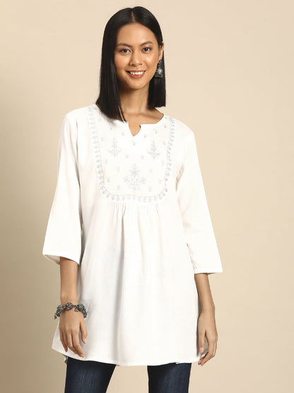 Women White Embroidered Yoke Straight Tunic With Three Quarter Sleeves