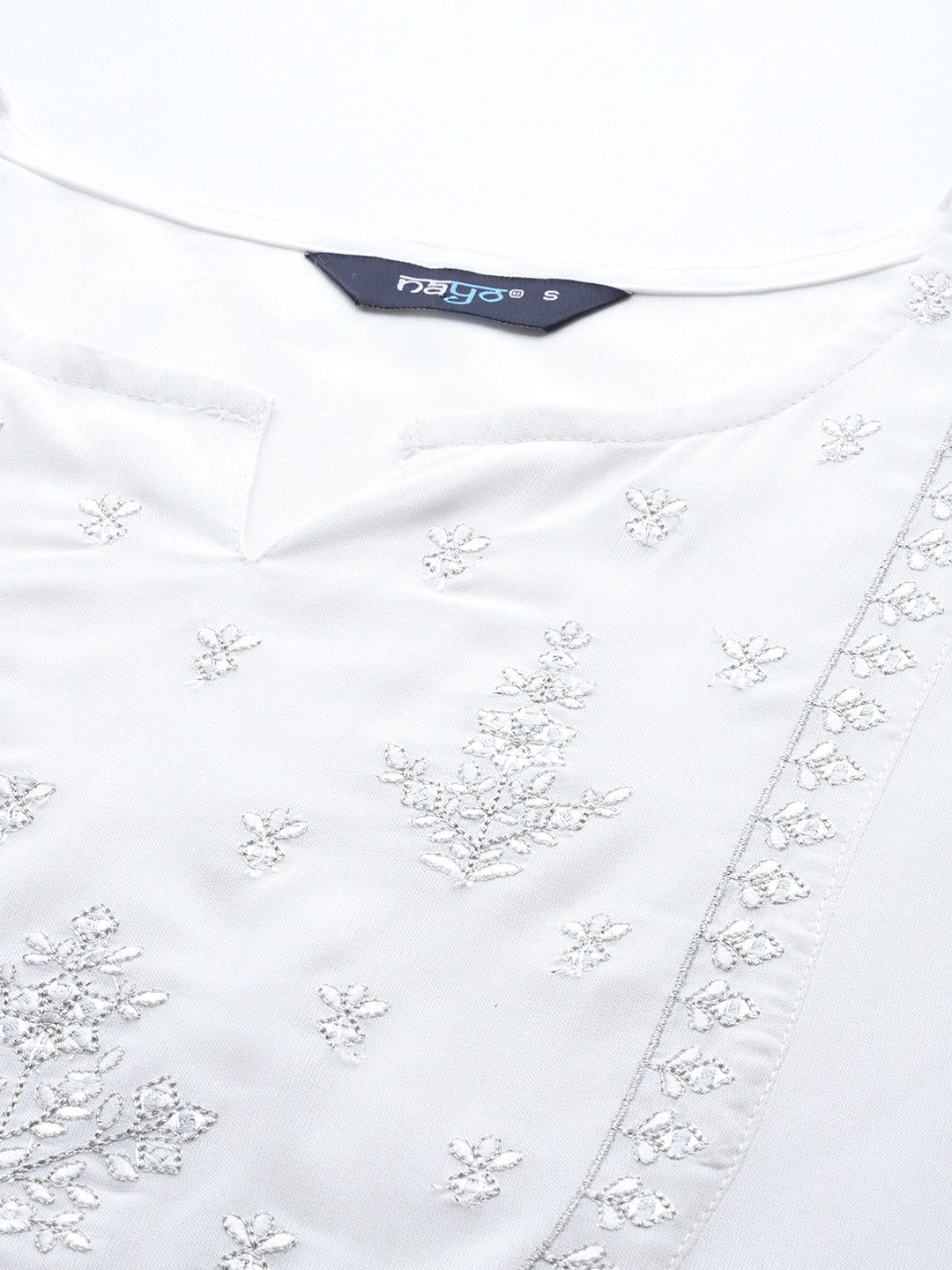 Women White Embroidered Yoke Straight Tunic With Three Quarter Sleeves